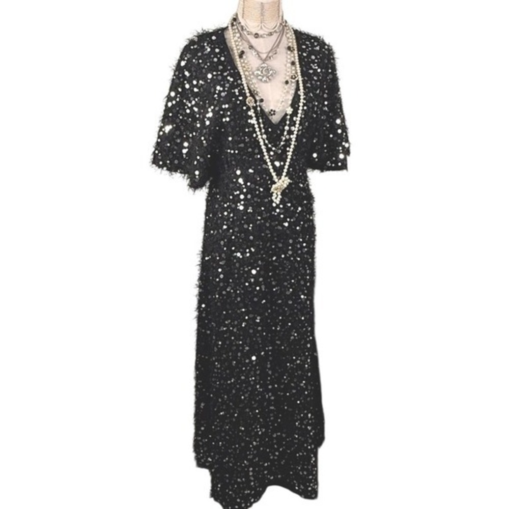 Zara Limited Edition Sequin Pearl Midi Dress Black L
